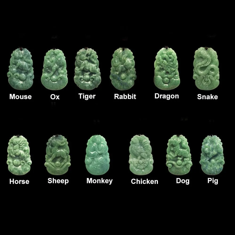 Chinese Zodiac Jadeite Necklace, Fine Jadeite Grade A Gemstone Twelve Zodiac Signs Made by Zodiac Animals Necklace Pendant Amulet