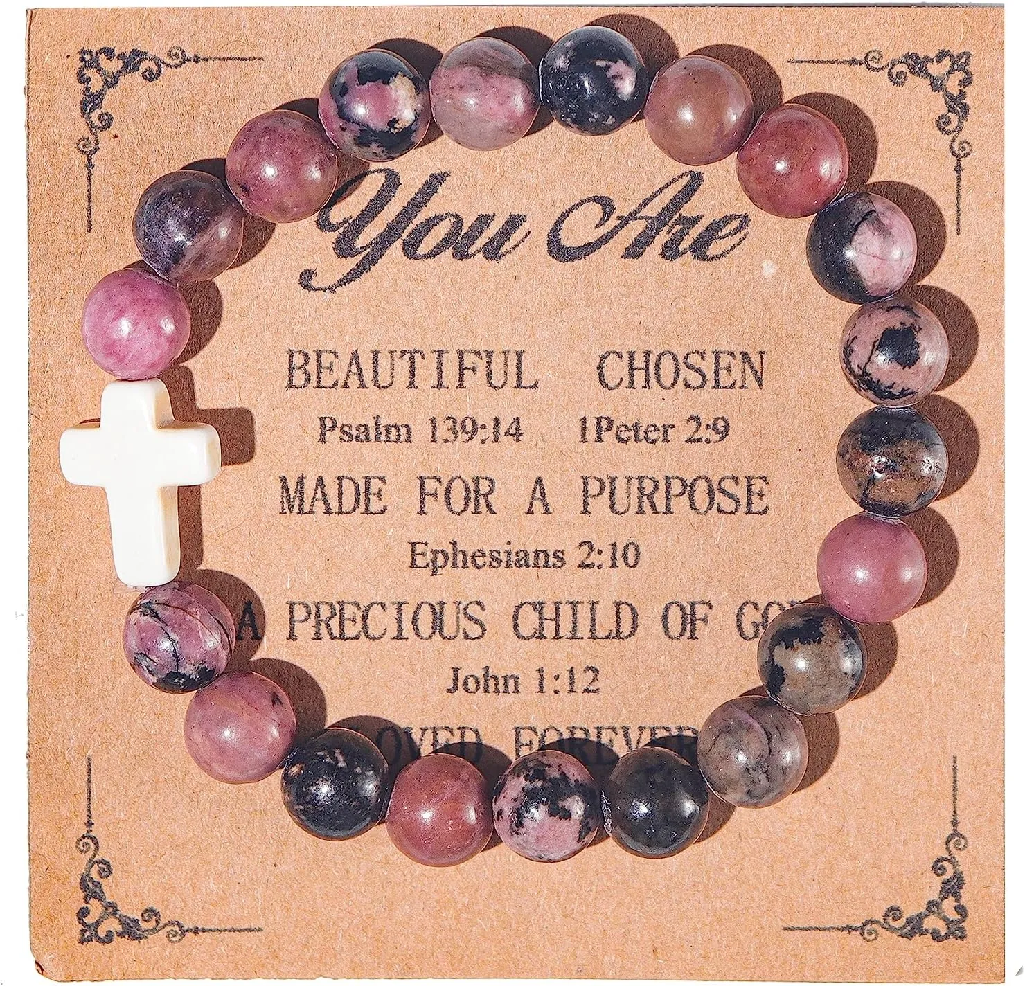 Christian Gifts for Women Men, Healing Natural Stone Cross Beads Stretch Bracelet Catholic Religious Jewelry Gifts Pink Zebra Bracelet Inspirational Gifts for Women Men Teen Girls,Birthday Gifts,Mothers Day,Easter Jewelry Gifts