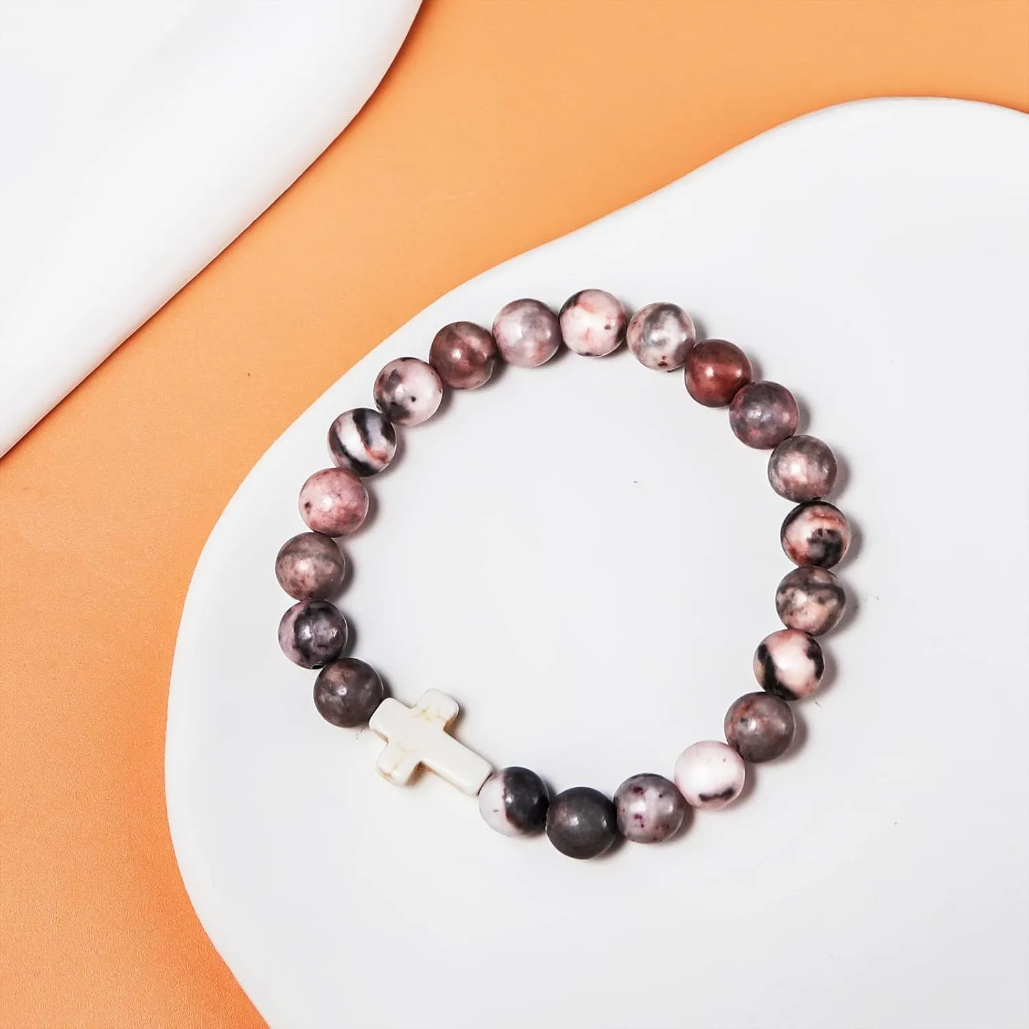 Christian Gifts for Women Men, Healing Natural Stone Cross Beads Stretch Bracelet Catholic Religious Jewelry Gifts Pink Zebra Bracelet Inspirational Gifts for Women Men Teen Girls,Birthday Gifts,Mothers Day,Easter Jewelry Gifts