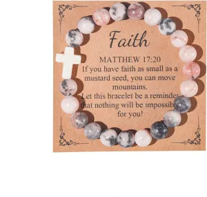 Christian Gifts for Women Men, Healing Natural Stone Cross Beads Stretch Bracelet Catholic Religious Jewelry Gifts Pink Zebra Bracelet Inspirational Gifts for Women Men Teen Girls,Birthday Gifts,Mothers Day,Easter Jewelry Gifts