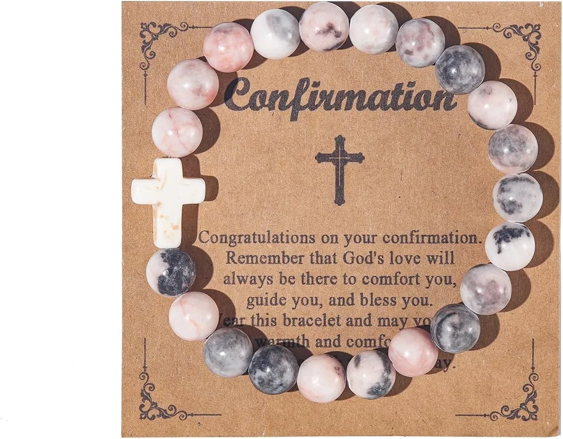 Christian Gifts for Women Men, Healing Natural Stone Cross Beads Stretch Bracelet Catholic Religious Jewelry Gifts Pink Zebra Bracelet Inspirational Gifts for Women Men Teen Girls,Birthday Gifts,Mothers Day,Easter Jewelry Gifts