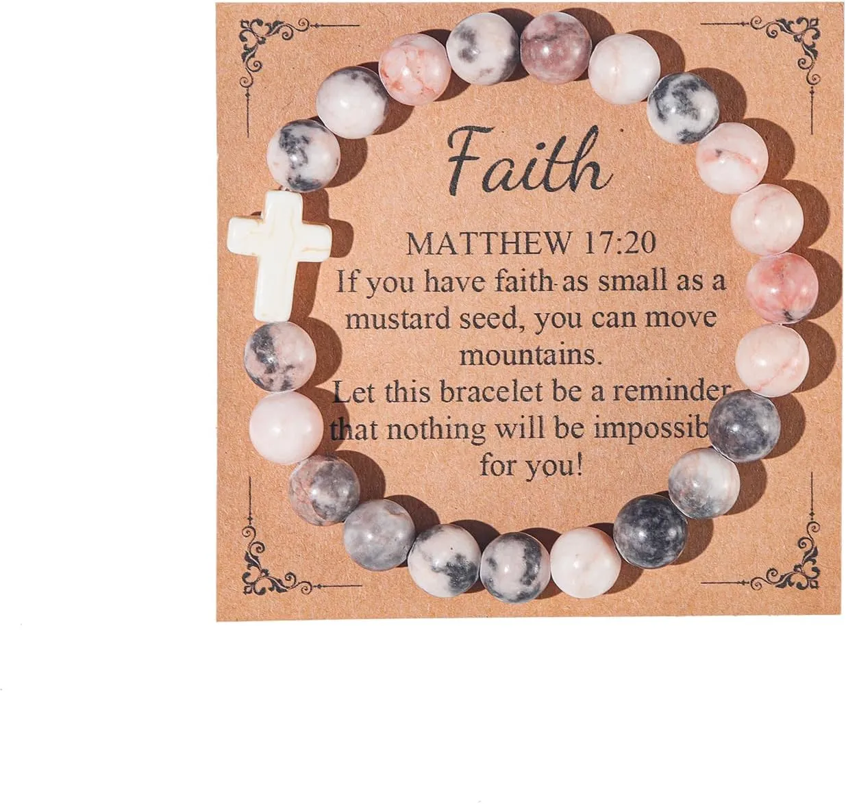 Christian Gifts for Women Men, Healing Natural Stone Cross Beads Stretch Bracelet Catholic Religious Jewelry Gifts Pink Zebra Bracelet Inspirational Gifts for Women Men Teen Girls,Birthday Gifts,Mothers Day,Easter Jewelry Gifts