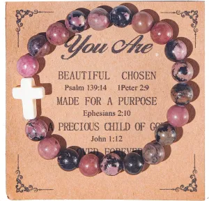 Christian Gifts for Women Men, Healing Natural Stone Cross Beads Stretch Bracelet Catholic Religious Jewelry Gifts Pink Zebra Bracelet Inspirational Gifts for Women Men Teen Girls,Birthday Gifts,Mothers Day,Easter Jewelry Gifts