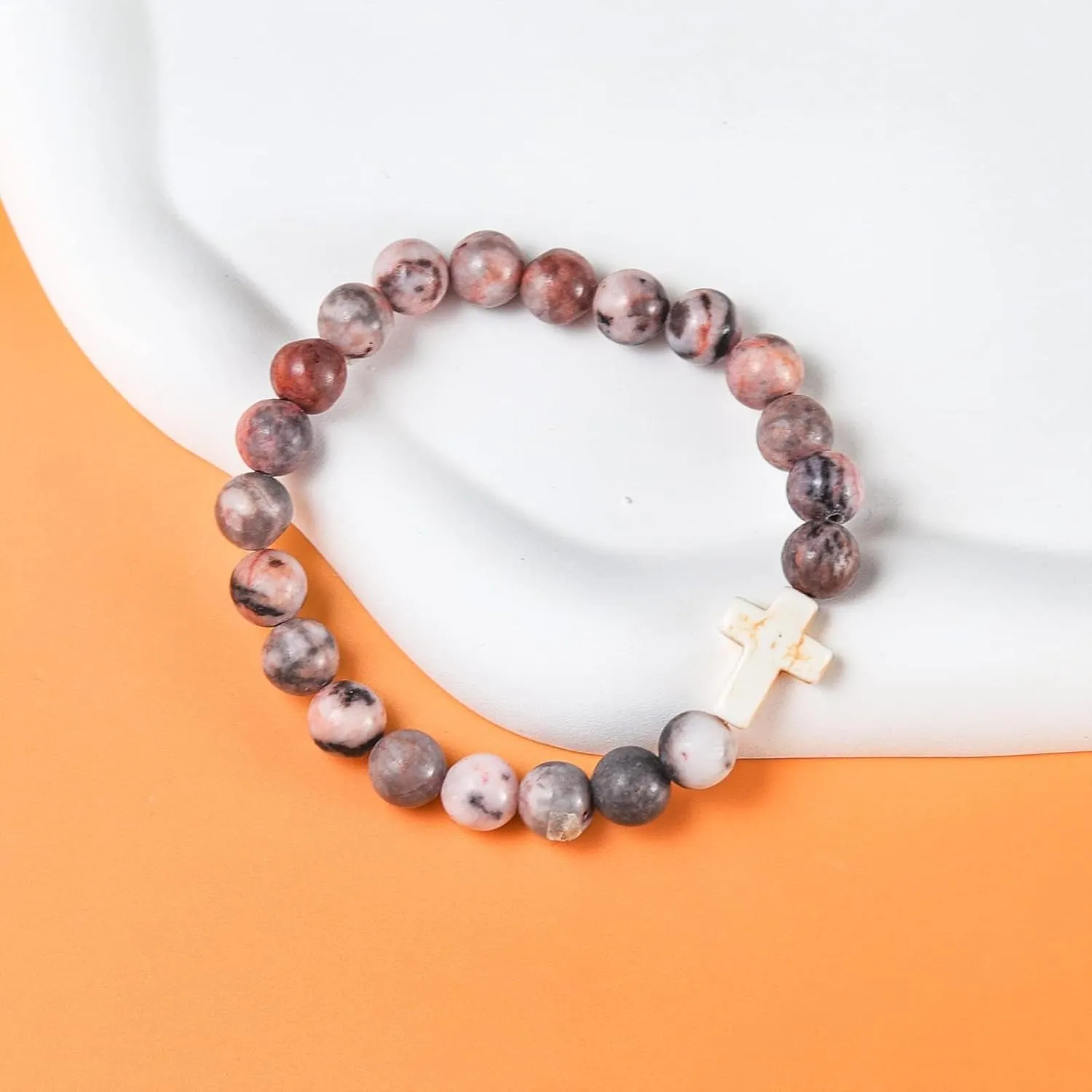 Christian Gifts for Women Men, Healing Natural Stone Cross Beads Stretch Bracelet Catholic Religious Jewelry Gifts Pink Zebra Bracelet Inspirational Gifts for Women Men Teen Girls,Birthday Gifts,Mothers Day,Easter Jewelry Gifts
