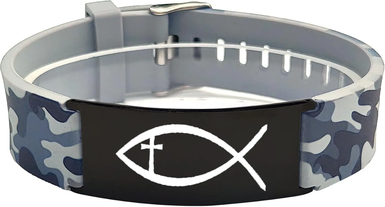 Christian Jesus Fish and Cross/Star of David Jewish/Jesus Formee Cross Specific Symbols Faith Religious Camouflage Silicone Bracelet for Men Women