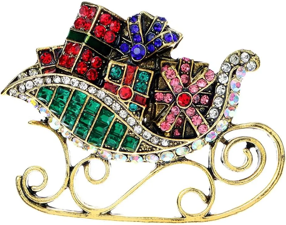 Christmas Sleigh Ride Brooch Pin for Women Girls Men Multi-Colored Rhinestone Sled Presents Pins Clip Lapel Sweater Scarves Jackets Dress Brooches Pins Dainty Clothes Accessories Jewelry Gifts Xmas