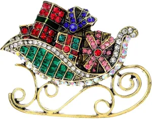 Christmas Sleigh Ride Brooch Pin for Women Girls Men Multi-Colored Rhinestone Sled Presents Pins Clip Lapel Sweater Scarves Jackets Dress Brooches Pins Dainty Clothes Accessories Jewelry Gifts Xmas