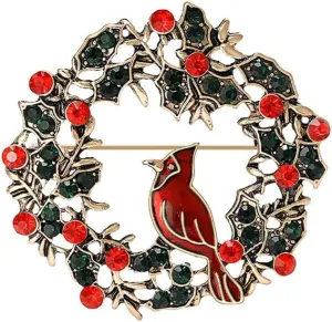 Christmas Wreath Bird Cute Ornament Brooch Lapel Shawl Pin for Women Girls Red Green CZ Garland Enamel Pins Sweater Dress Suit Badges Hat Scarf Decoration Brooches Vintage Festival Holiday Jewelry Gifts Xmas Costumes Clips