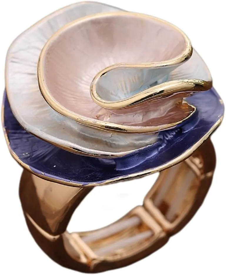 Chunky Big Flower Charm Elastic Band Stretch Cocktail Rings for Women Statement Jewelry