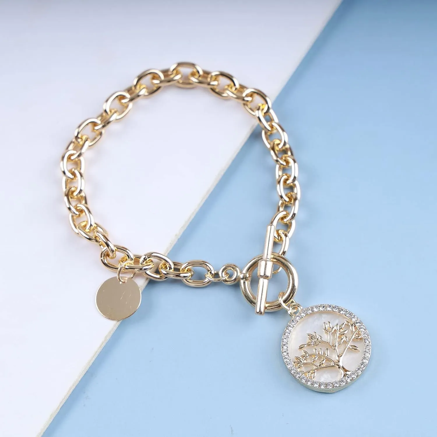 Chunky Chain Bracelet Gold Link Chain Toggle Bracelet Rhinestone Disc Charm OT Clasp Bracelet Vintage Coin Pendant Toggle Clasp Bracelet Jewelry for Women (Gold Tree)