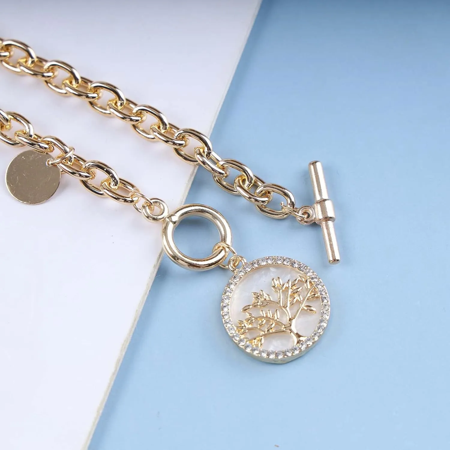 Chunky Chain Bracelet Gold Link Chain Toggle Bracelet Rhinestone Disc Charm OT Clasp Bracelet Vintage Coin Pendant Toggle Clasp Bracelet Jewelry for Women (Gold Tree)