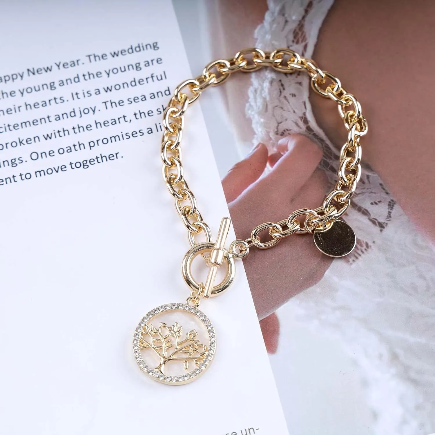 Chunky Chain Bracelet Gold Link Chain Toggle Bracelet Rhinestone Disc Charm OT Clasp Bracelet Vintage Coin Pendant Toggle Clasp Bracelet Jewelry for Women (Gold Tree)