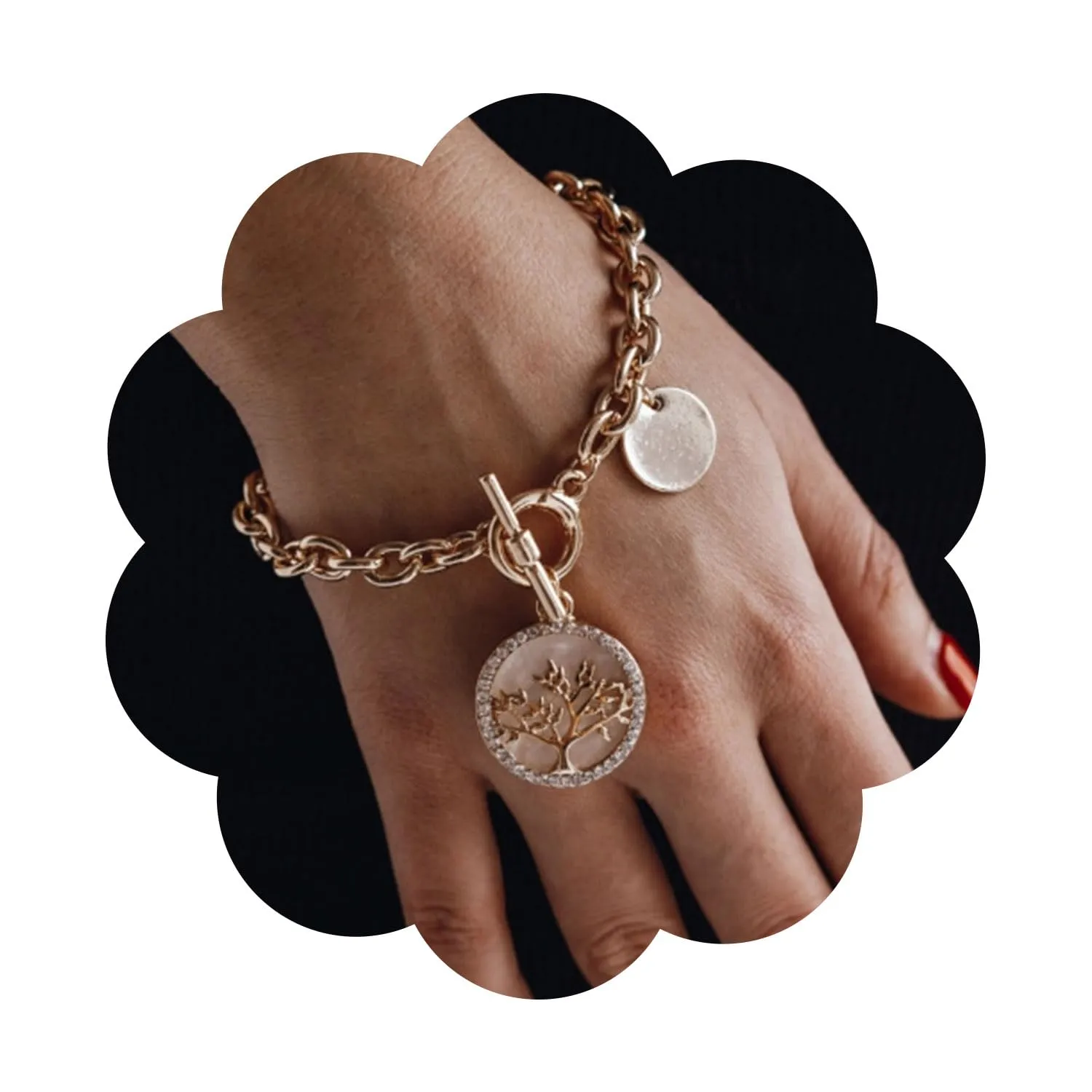 Chunky Chain Bracelet Gold Link Chain Toggle Bracelet Rhinestone Disc Charm OT Clasp Bracelet Vintage Coin Pendant Toggle Clasp Bracelet Jewelry for Women (Gold Tree)