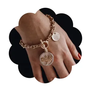 Chunky Chain Bracelet Gold Link Chain Toggle Bracelet Rhinestone Disc Charm OT Clasp Bracelet Vintage Coin Pendant Toggle Clasp Bracelet Jewelry for Women (Gold Tree)