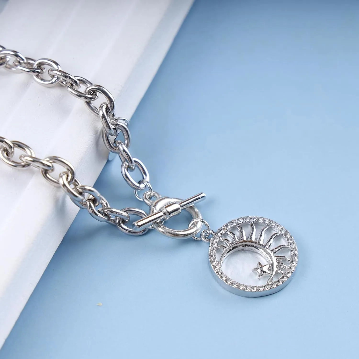 Chunky Chain Bracelet Gold Link Chain Toggle Bracelet Rhinestone Disc Charm OT Clasp Bracelet Vintage Coin Pendant Toggle Clasp Bracelet Jewelry for Women (Silver Moon)