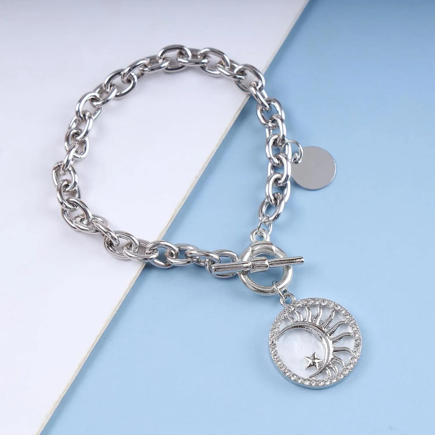 Chunky Chain Bracelet Gold Link Chain Toggle Bracelet Rhinestone Disc Charm OT Clasp Bracelet Vintage Coin Pendant Toggle Clasp Bracelet Jewelry for Women (Silver Moon)