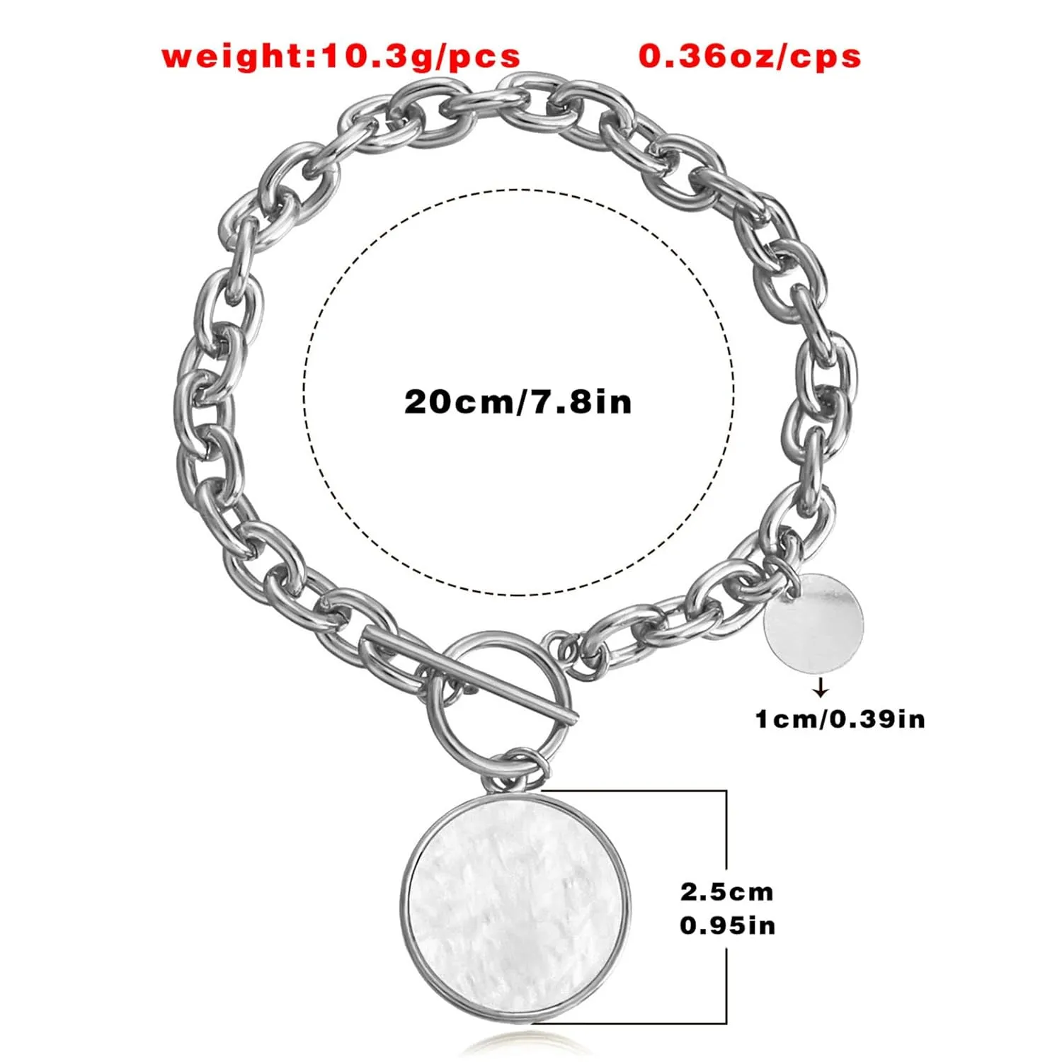 Chunky Chain Bracelet Gold Link Chain Toggle Bracelet Rhinestone Disc Charm OT Clasp Bracelet Vintage Coin Pendant Toggle Clasp Bracelet Jewelry for Women (Silver Moon)