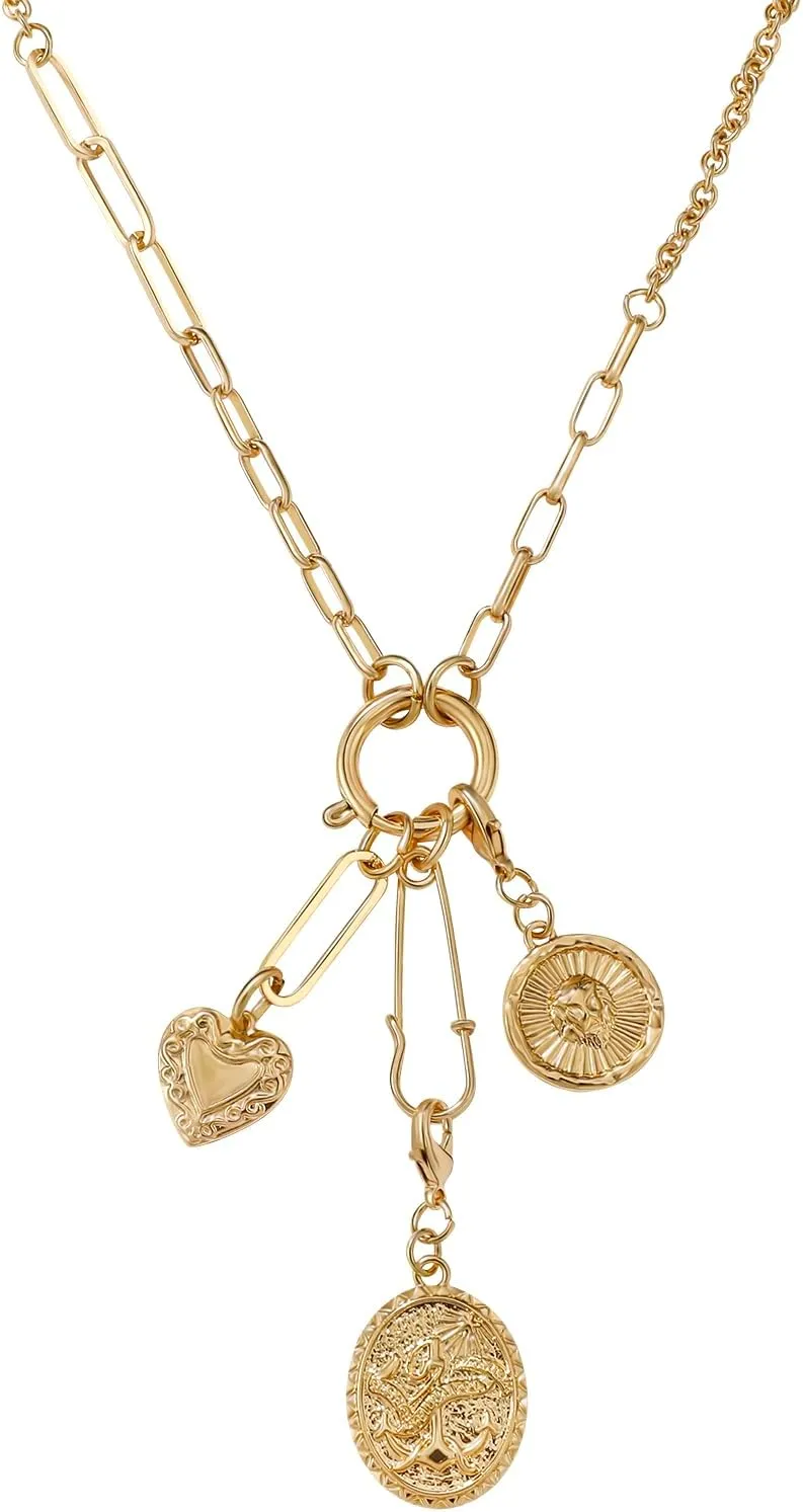 Chunky Charm 18k Gold Plated Choker Necklace for Women,Sun Heart Evil Eye Pendant Paperclip Chain Necklace,Popular Summer Statement Vintage Jewelry Boho Necklaces for Women