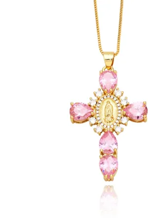Chunky Cross Necklace Virgin Mary Necklace Cubic Zirconia Crystal Big Cross Necklace Large Faith Necklace Religious Necklace for Women