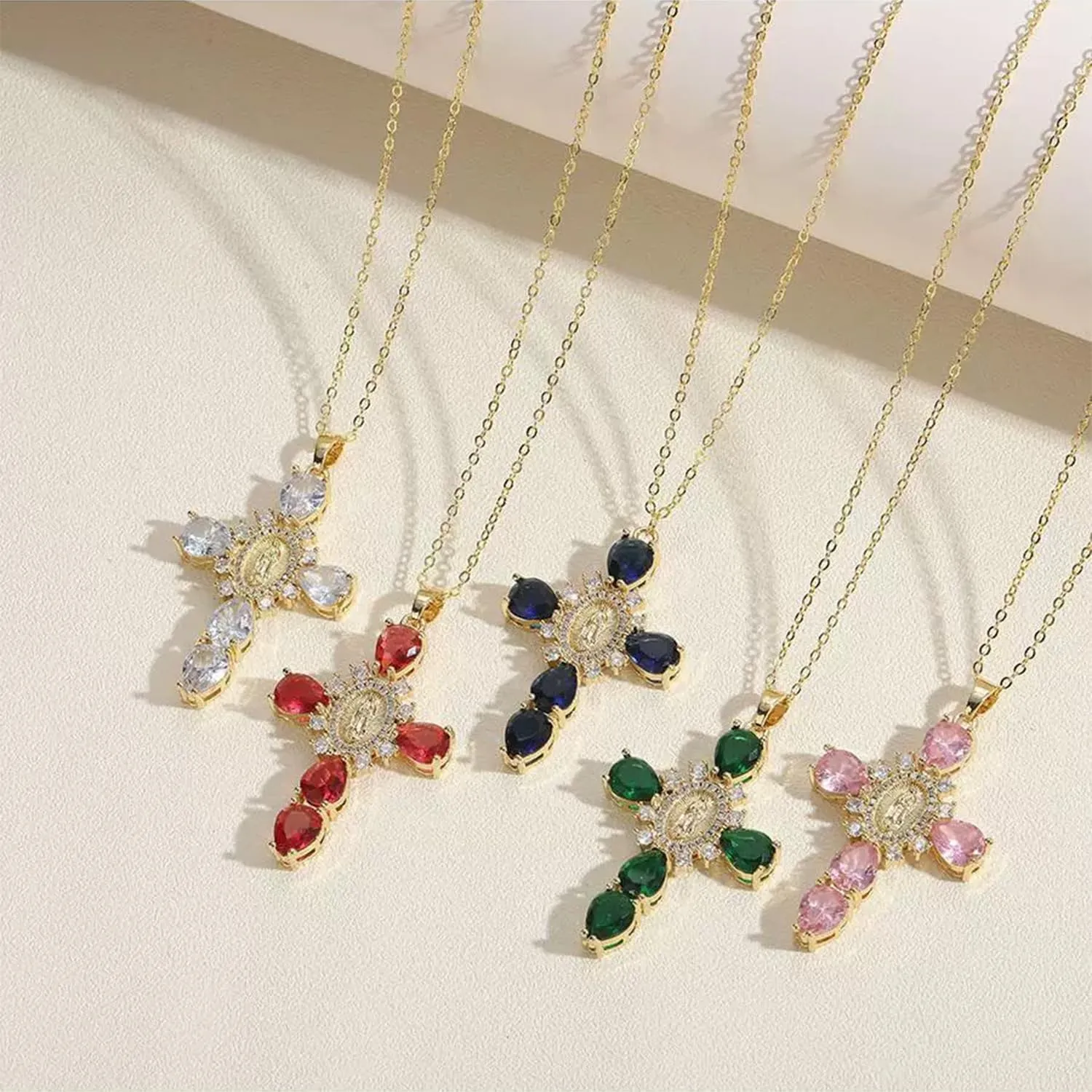 Chunky Cross Necklace Virgin Mary Necklace Cubic Zirconia Crystal Big Cross Necklace Large Faith Necklace Religious Necklace for Women