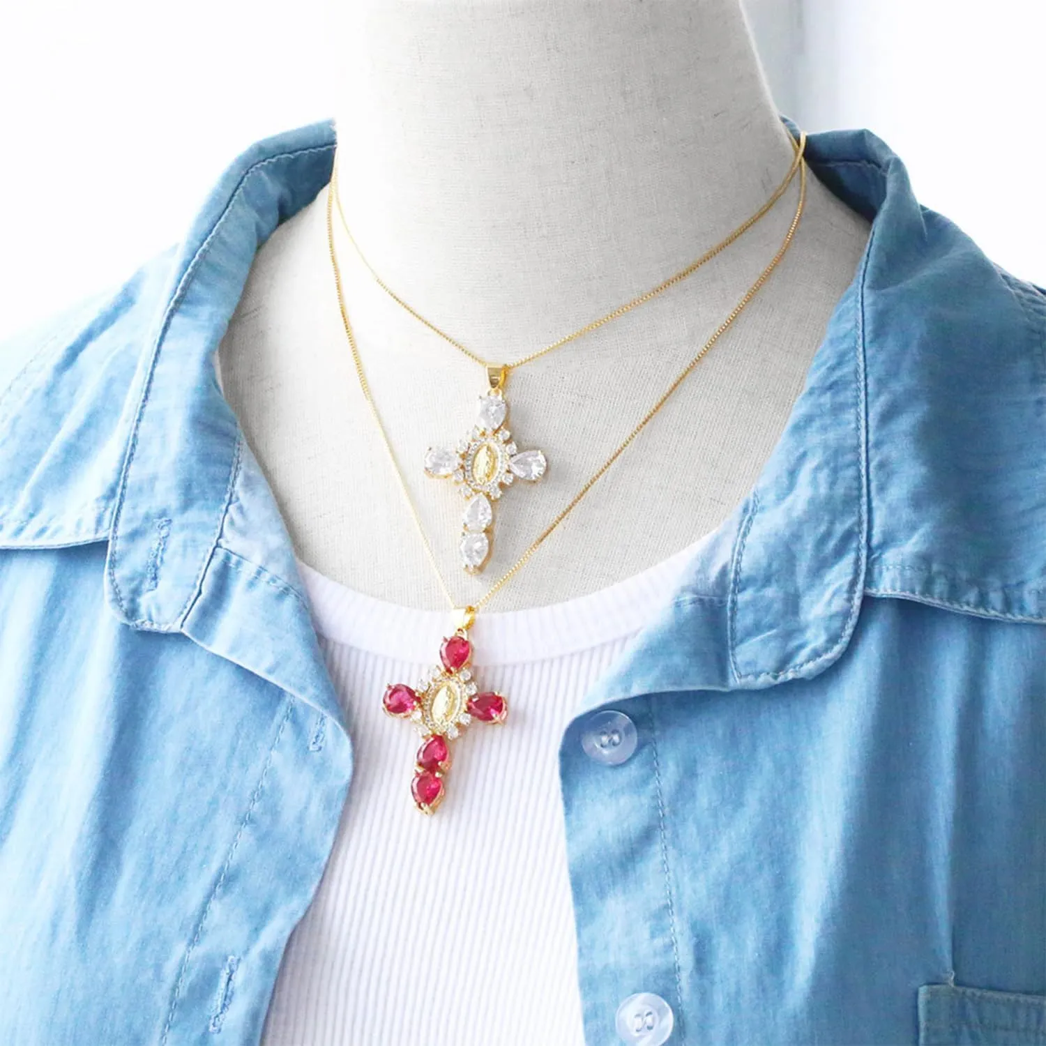 Chunky Cross Necklace Virgin Mary Necklace Cubic Zirconia Crystal Big Cross Necklace Large Faith Necklace Religious Necklace for Women