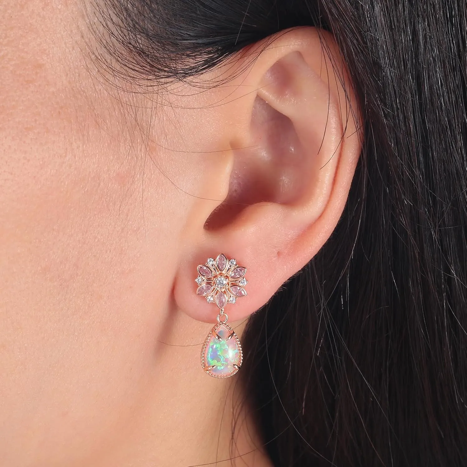 CiNily Christmas Earrings Dangle Stud Earrings for Women Hypoallergenic Dainty Flower Studs, 14K Gold Plated Cartilage Stud Earrings Teardrop Shape Opal Dangling Studs, Small Helix Piercing Jewelry