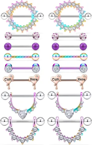 Cisyozi 14G Round CZ Heart Shaped Nipple Jewelry - Stainless Steel Nipple Tongue Ring Barbell Piercing Jewelry for Women - 14mm Silver Rose Gold Colorful 9Pairs