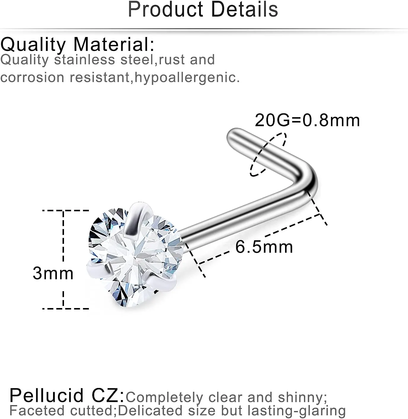 Cisyozi 18G 20G Hypoallergenic Nose Rings Studs Surgical Steel Opal Heart Star Nose Stud Cubic Zirconia Nose Piercing Jewelry for Women Men Straight L Shaped Screw Style