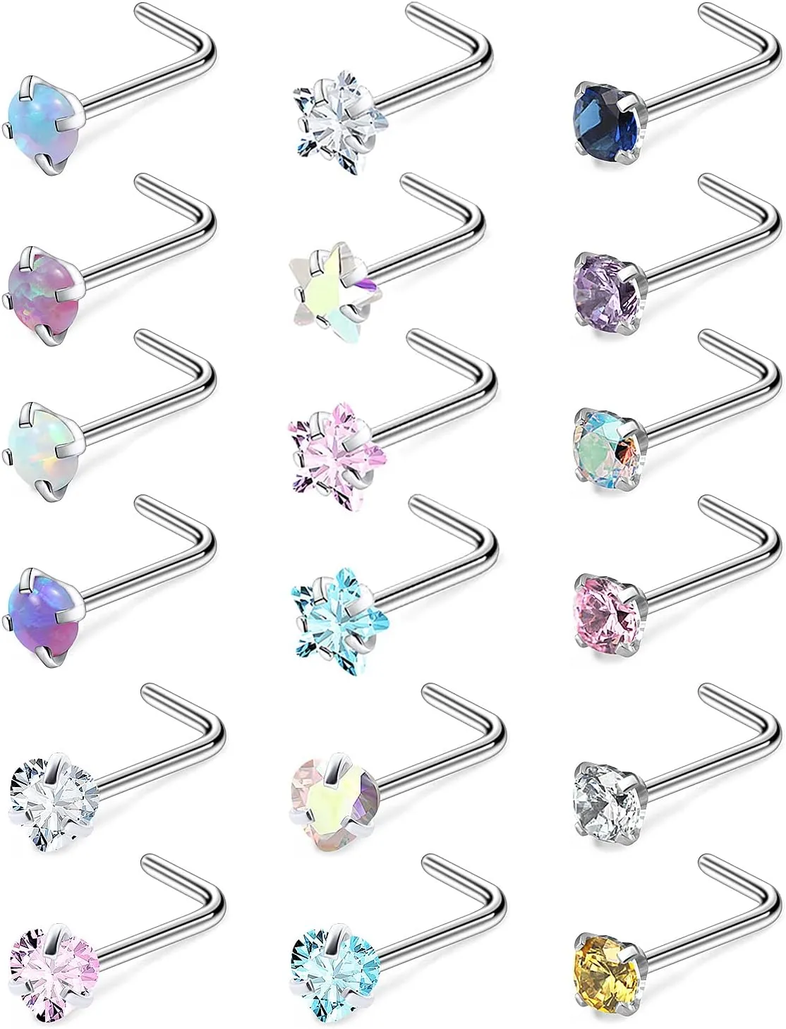 Cisyozi 18G 20G Hypoallergenic Nose Rings Studs Surgical Steel Opal Heart Star Nose Stud Cubic Zirconia Nose Piercing Jewelry for Women Men Straight L Shaped Screw Style