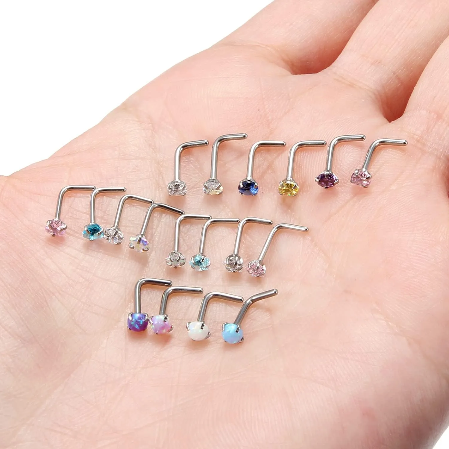 Cisyozi 18G 20G Hypoallergenic Nose Rings Studs Surgical Steel Opal Heart Star Nose Stud Cubic Zirconia Nose Piercing Jewelry for Women Men Straight L Shaped Screw Style