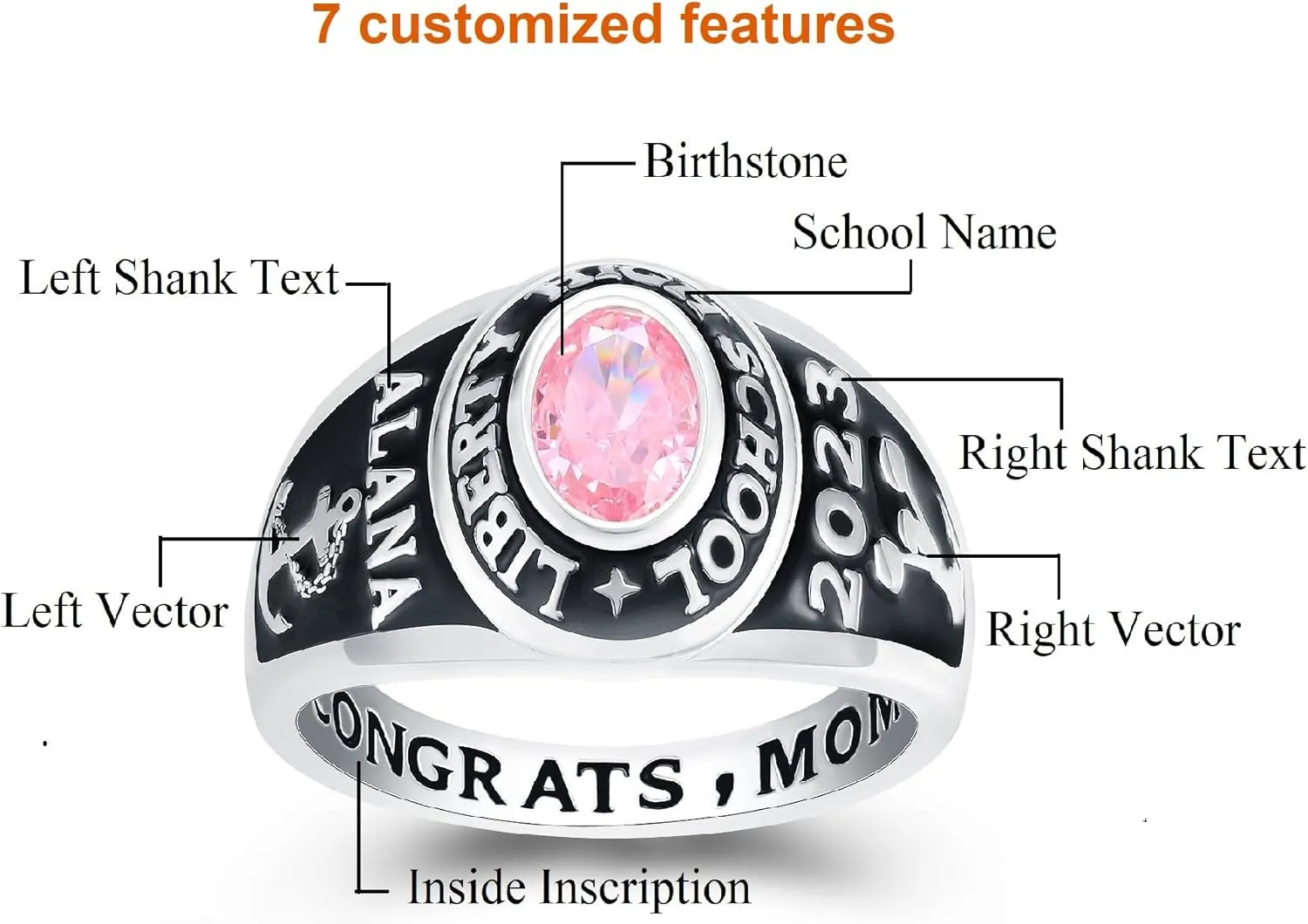 Class Ring for Women  Original Designer's Class Rings - Classic Collection  Genuine 925 Sterling Silver or 10KT Gold  Customized High School College University Women's Class Ring  Graduation Gifts  Jour Nouveau Jewelry