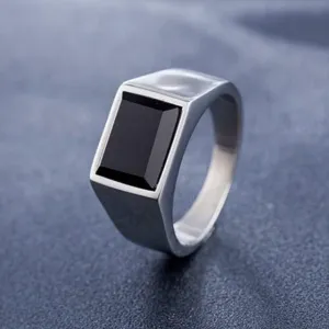 Classic Black Stone Rings for Men and Women Vintage Gold Silver Color Stainless Steel Couple Ring Fashion CZ Stone Ring Jewelry, 9