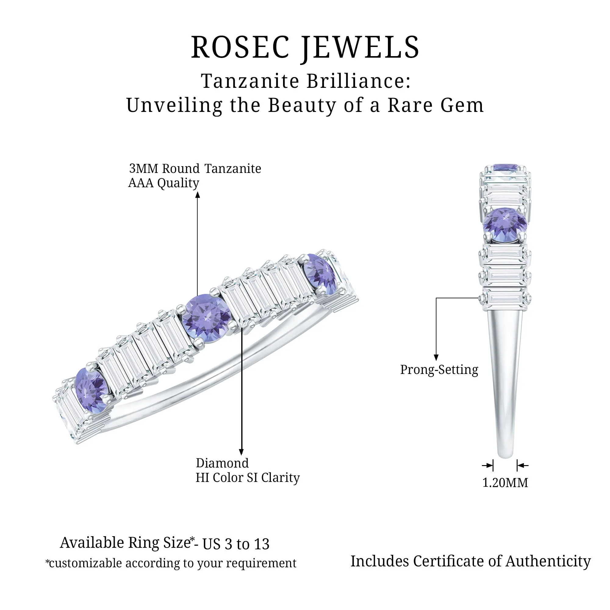 Classic Tanzanite and Diamond Half Eternity Band Ring