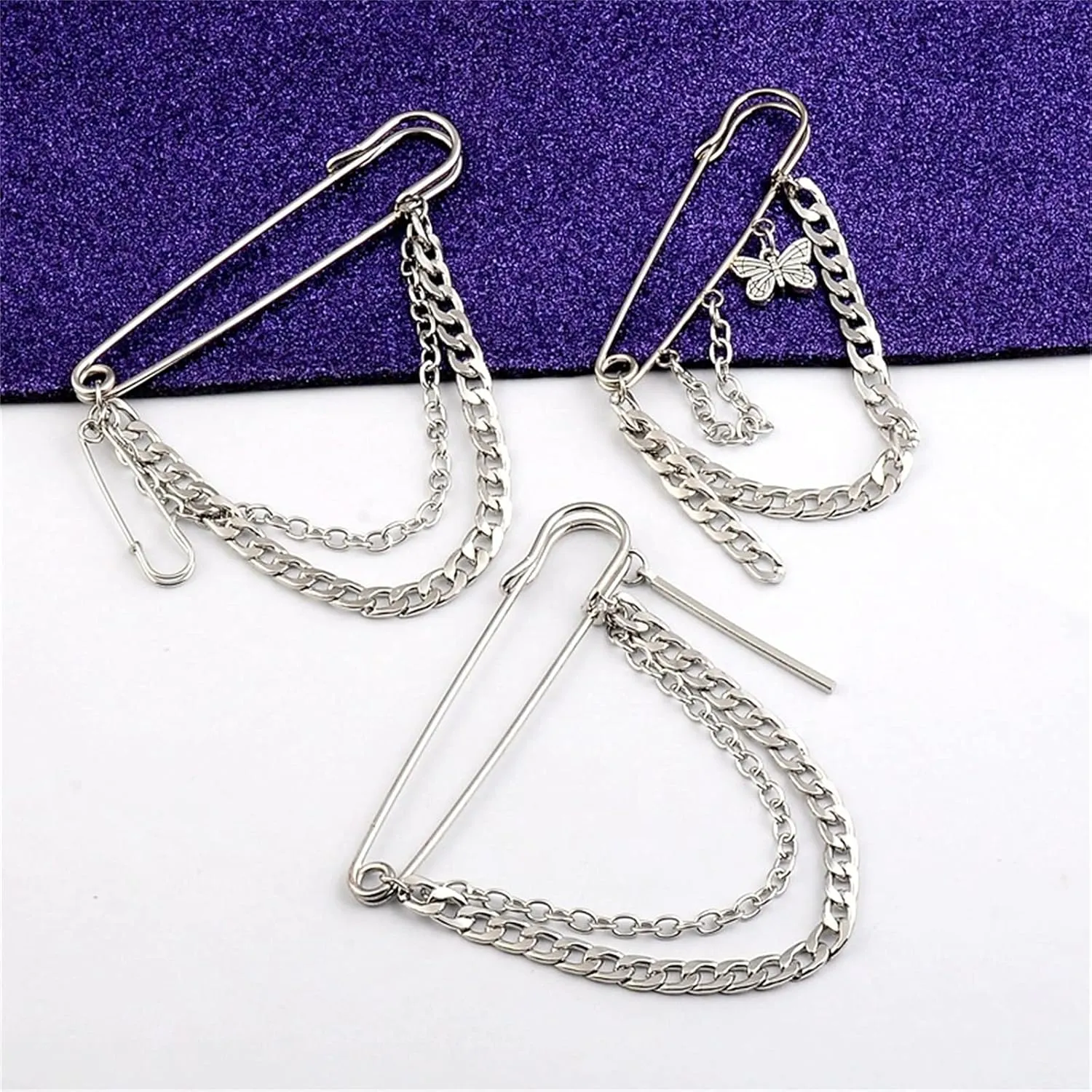 coadipress Hanging Long Chain Brooch Pin for Men Women Fashion Retro Silver Butterfly Bar Pins Safety Pin Punk Cool Chains Sweater Shawl Collar Coat Brooches Pin for Girls