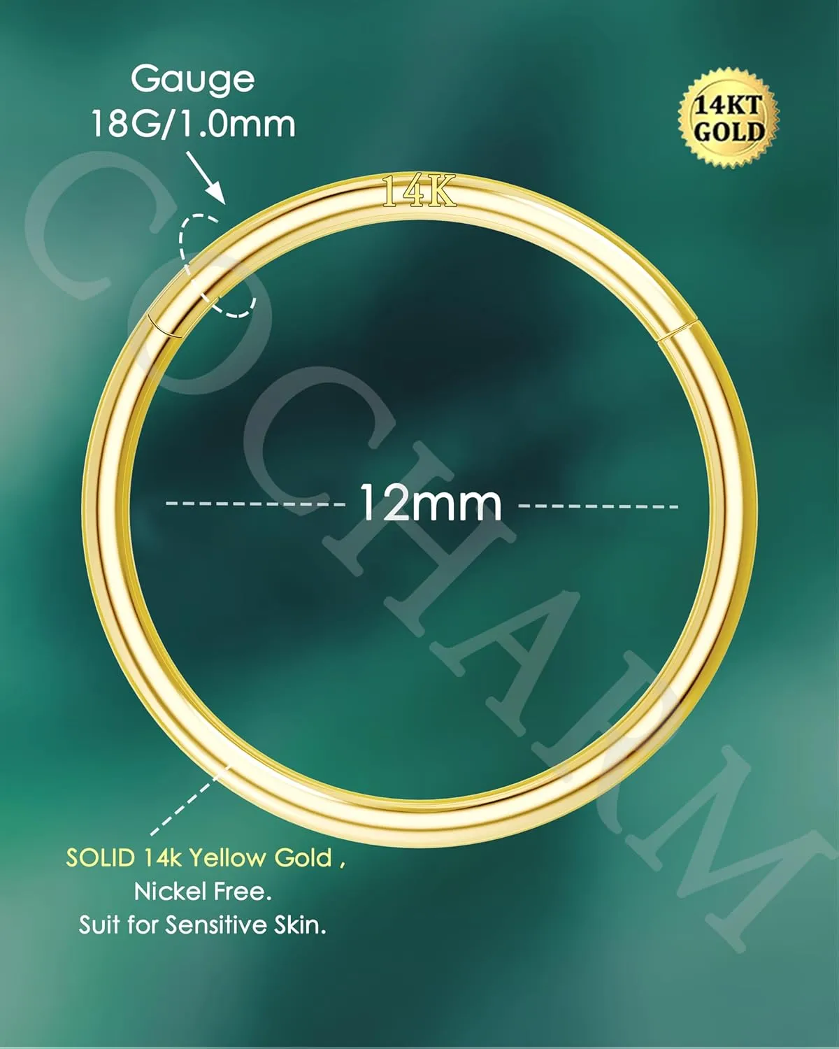 COCHARM 14K Solid Gold 18g/16g Nose Rings 16G Septum Rings Yellow Gold Tragus Helix Cartilage Conch Earring Hoops 18 Gauge Piercing Hoop