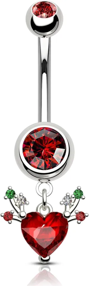 COCHARM Christmas Dangle Belly Button Rings 14G Red CZ Antlers Navel Rings for Women Stainless Steel Piercing Jewelry