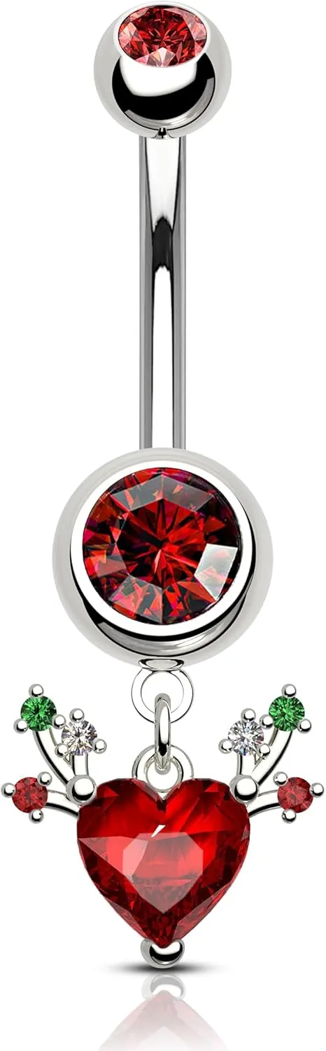 COCHARM Christmas Dangle Belly Button Rings 14G Red CZ Antlers Navel Rings for Women Stainless Steel Piercing Jewelry