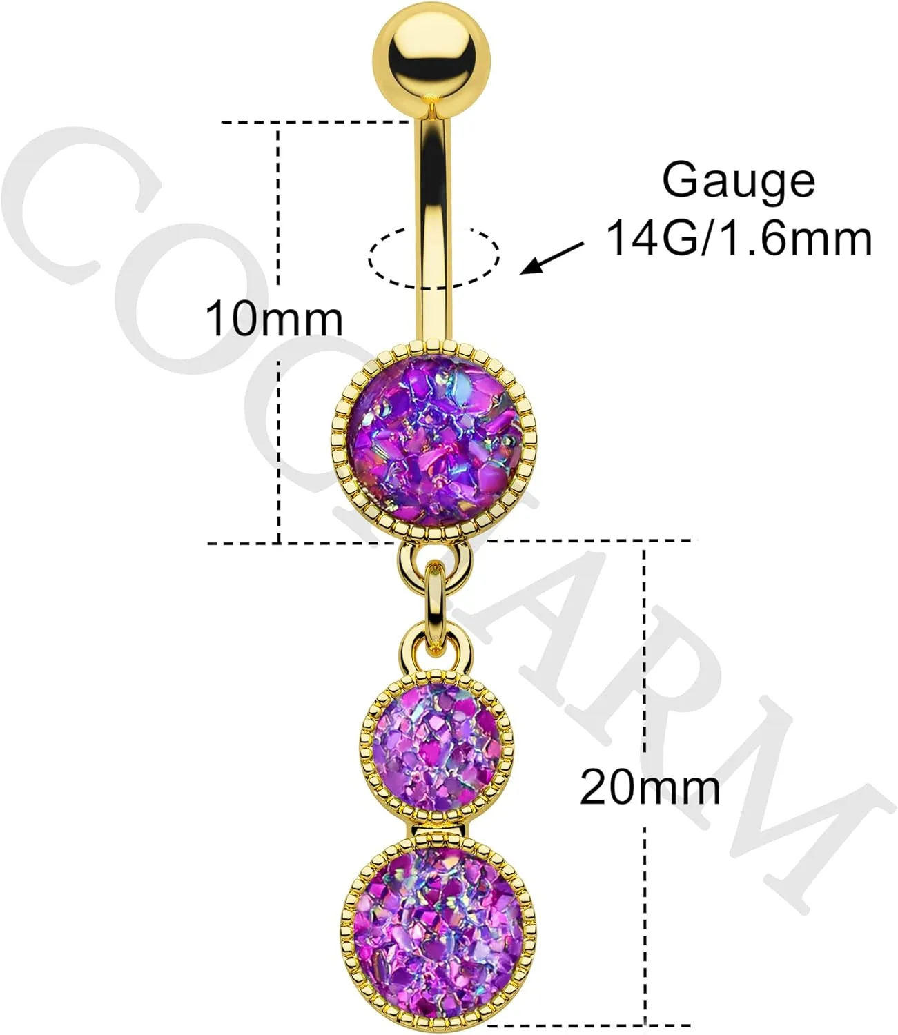 COCHARM Dangle Belly Button Rings Gold Belly Button Ring Dangling 14G 10MM Sparkly Gold Belly Navel Piercing Jewelry 316L Stainless Steel