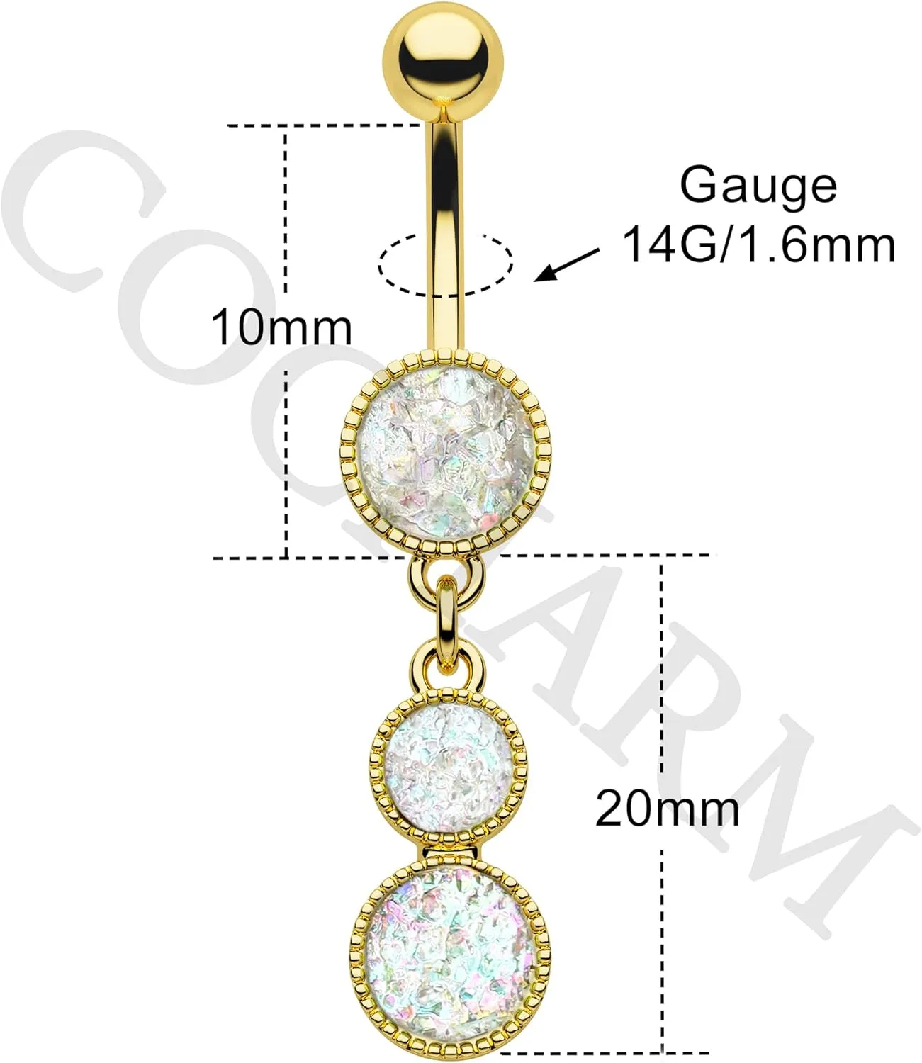 COCHARM Dangle Belly Button Rings Gold Belly Button Ring Dangling 14G 10MM Sparkly Gold Belly Navel Piercing Jewelry 316L Stainless Steel
