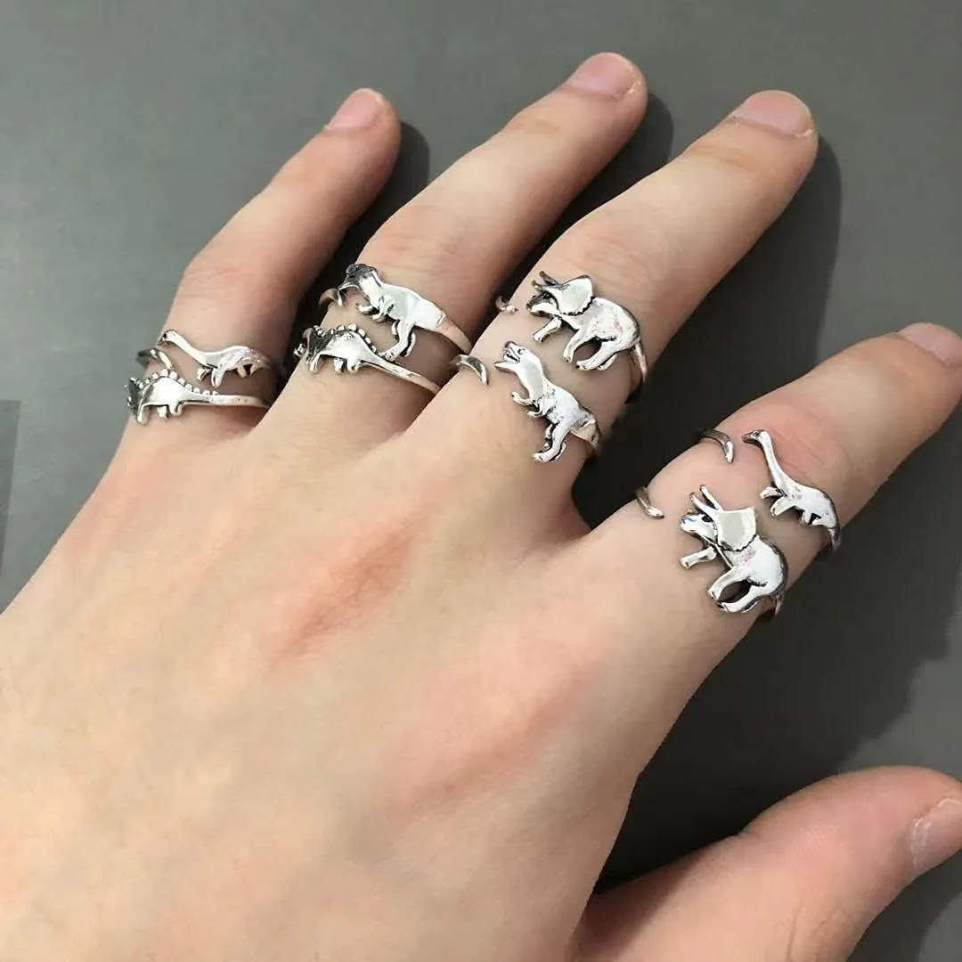 COLORFUL BLING 1-6PCS Dinosaur Rings Set Cute Tyrannosaurus Triceratops Adjustable Rings Jurassic Era Dinosaur Ring Knuckle Band Jewelry for Women