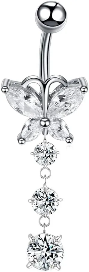 COLORFUL BLING 14G Dangle Butterfly Belly Button Rings,Stainless Steel Belly Rings,925 Sterling Silver CZ Opal Belly Body Piercing Jewelry for Women