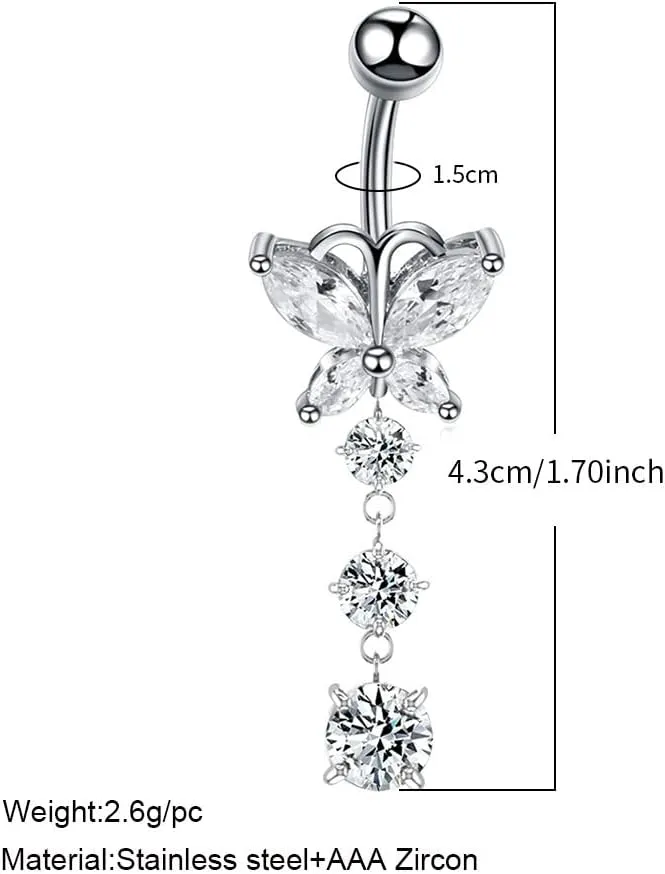 COLORFUL BLING 14G Dangle Butterfly Belly Button Rings,Stainless Steel Belly Rings,925 Sterling Silver CZ Opal Belly Body Piercing Jewelry for Women