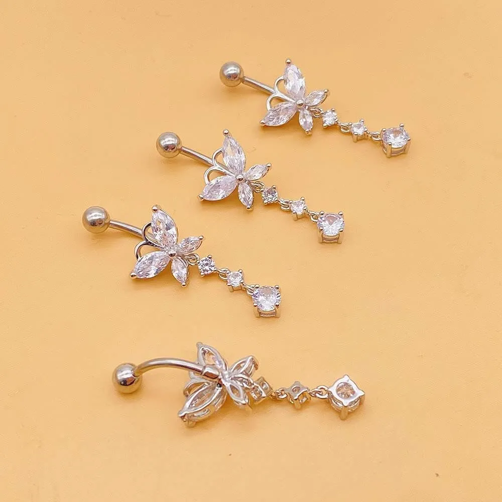 COLORFUL BLING 14G Dangle Butterfly Belly Button Rings,Stainless Steel Belly Rings,925 Sterling Silver CZ Opal Belly Body Piercing Jewelry for Women
