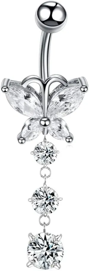COLORFUL BLING 14G Dangle Butterfly Belly Button Rings,Stainless Steel Belly Rings,925 Sterling Silver CZ Opal Belly Body Piercing Jewelry for Women