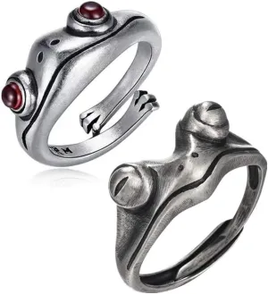 COLORFUL BLING 2 Pcs Frog Open Adjustable Couples Rings Cute Animal Vintage Siver Frog Ring Neutral Red Garnet Finger Jewelry Party Lover Gift Couple Valentine Gift for Women Men