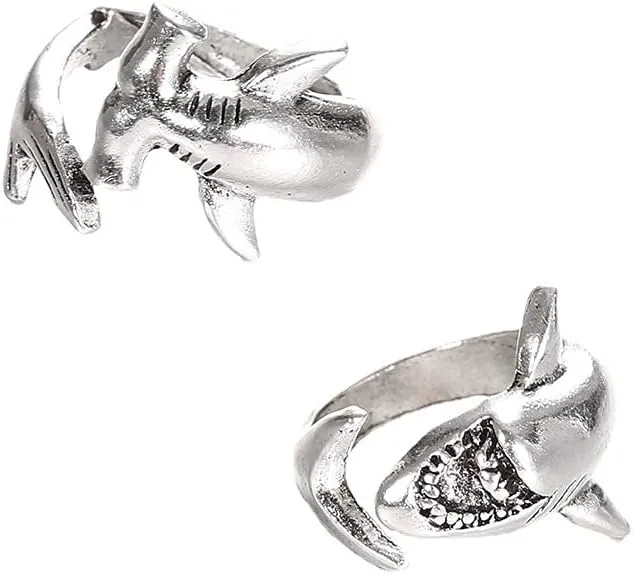 COLORFUL BLING 2 pcs White Shark and Hammerhead Shark Rings Adjustable Ocean Animal Personality Jewelry for Women Men