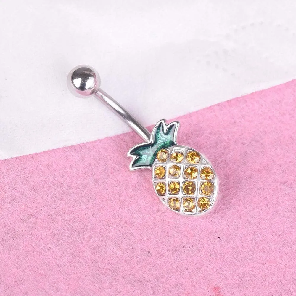 COLORFUL BLING 316L Stainless Steel Fruit Pineapple Navel Rings Crystal Belly Button Rings Body Piercings Jewelry