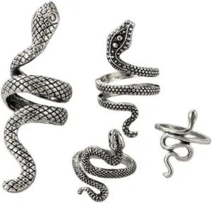 COLORFUL BLING 4Pcs Set Snake Ring Adjustable Stacking Finger Knuckle Ring Gothic Punk for Women Unisex Jewelry Gifts Midi Cuff Rings Bohemian Retro Vintage Joint Fashion