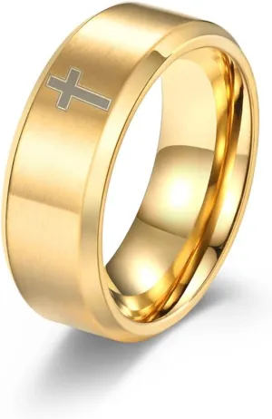 COLORFUL BLING 8MM Stainless Steel Simple Frosted Finish Christian Religious Cross Band Rings for Women Men Jesus Christ Lord Prayer Wedding Statement Jewelry