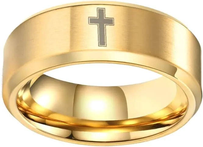 COLORFUL BLING 8MM Stainless Steel Simple Frosted Finish Christian Religious Cross Band Rings for Women Men Jesus Christ Lord Prayer Wedding Statement Jewelry